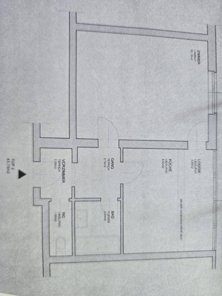 Grundriss einer Wohnung mit offenem Wohnbereich, Bad, WC und Loggia.