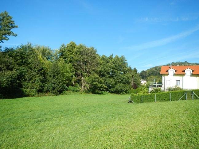 Offene Wiesenfläche mit Waldrand und einem Wohnhaus in der Ferne unter klarem Himmel.