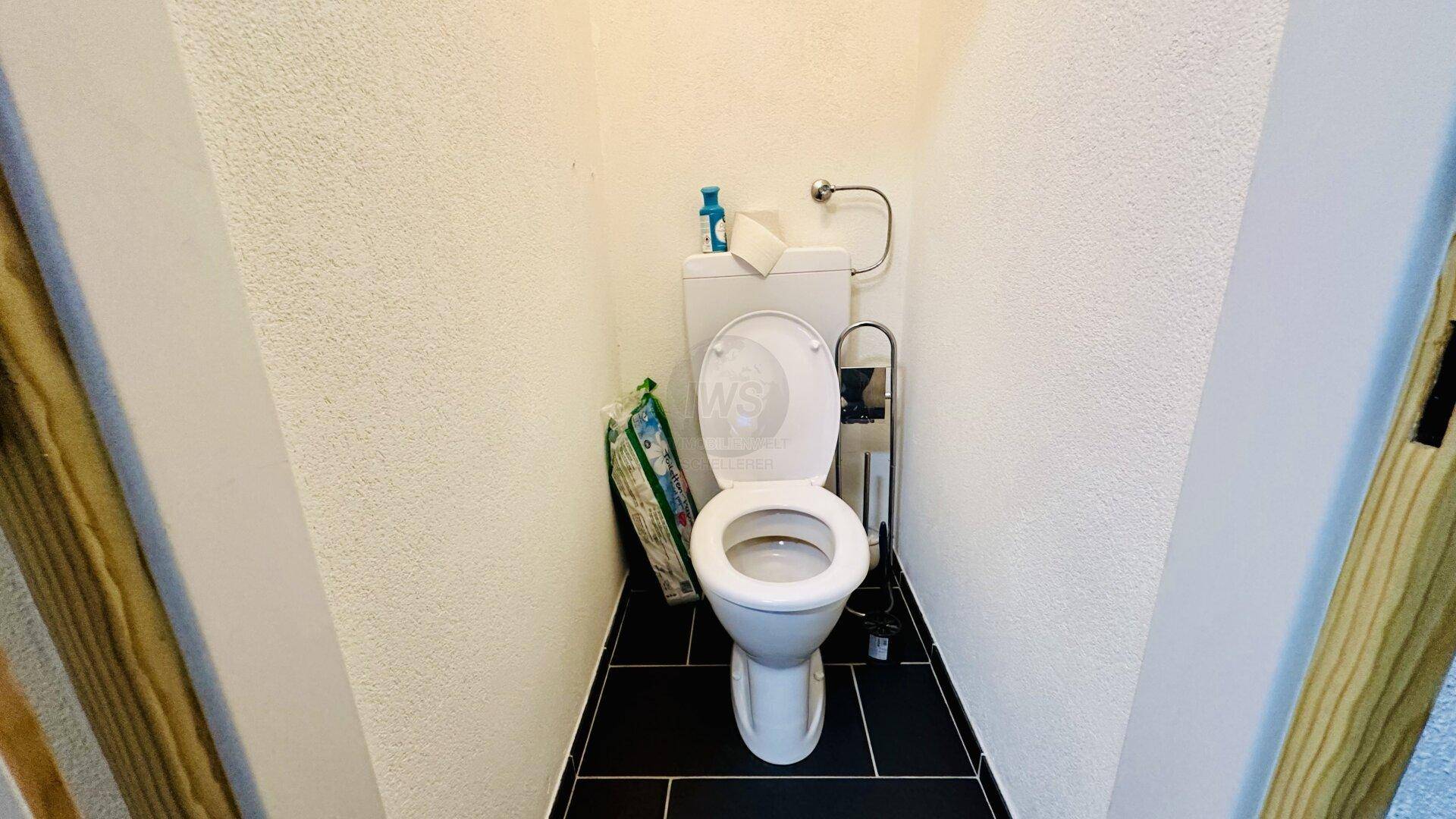 Separate Toilette mit dunklen Bodenfliesen und weiß gestrichenen Wänden.