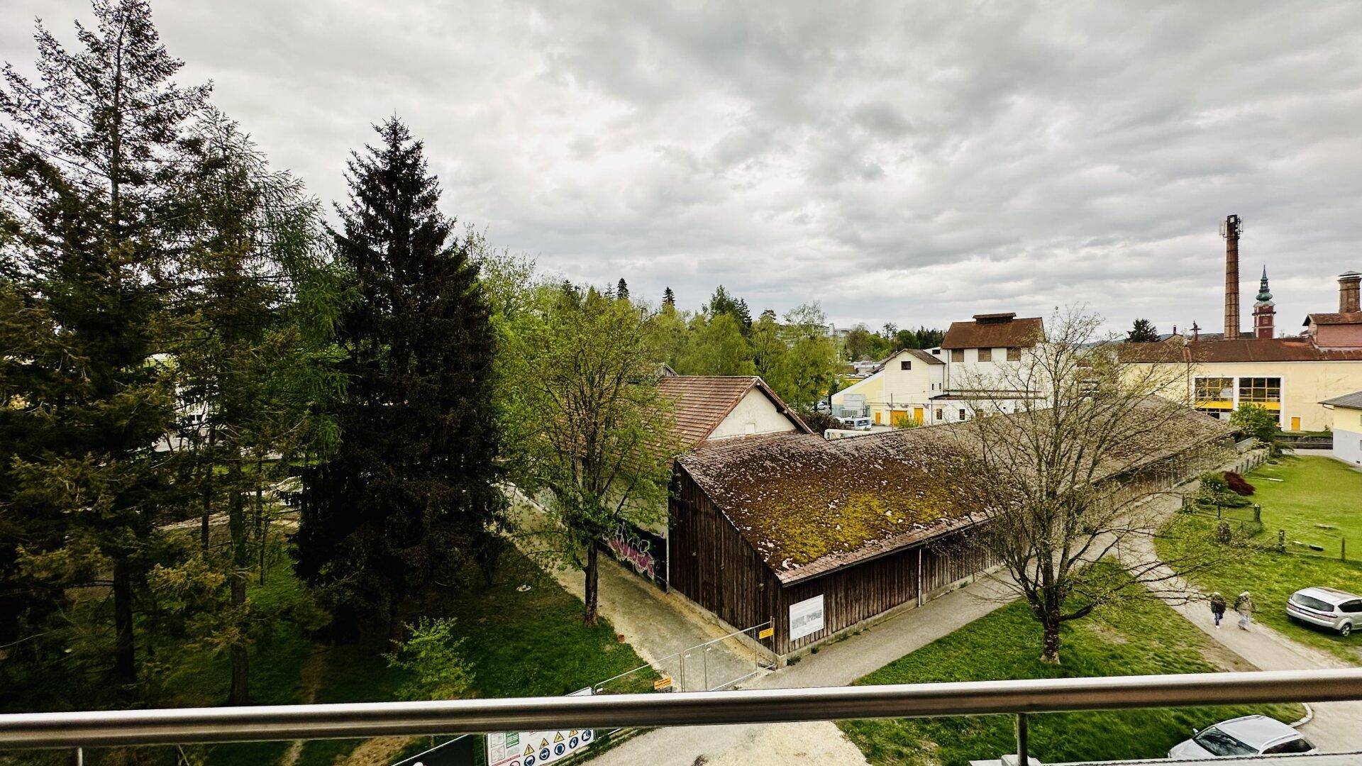 Weitläufiger Blick über grüne Bäume und umliegende Gebäude unter bewölktem Himmel.