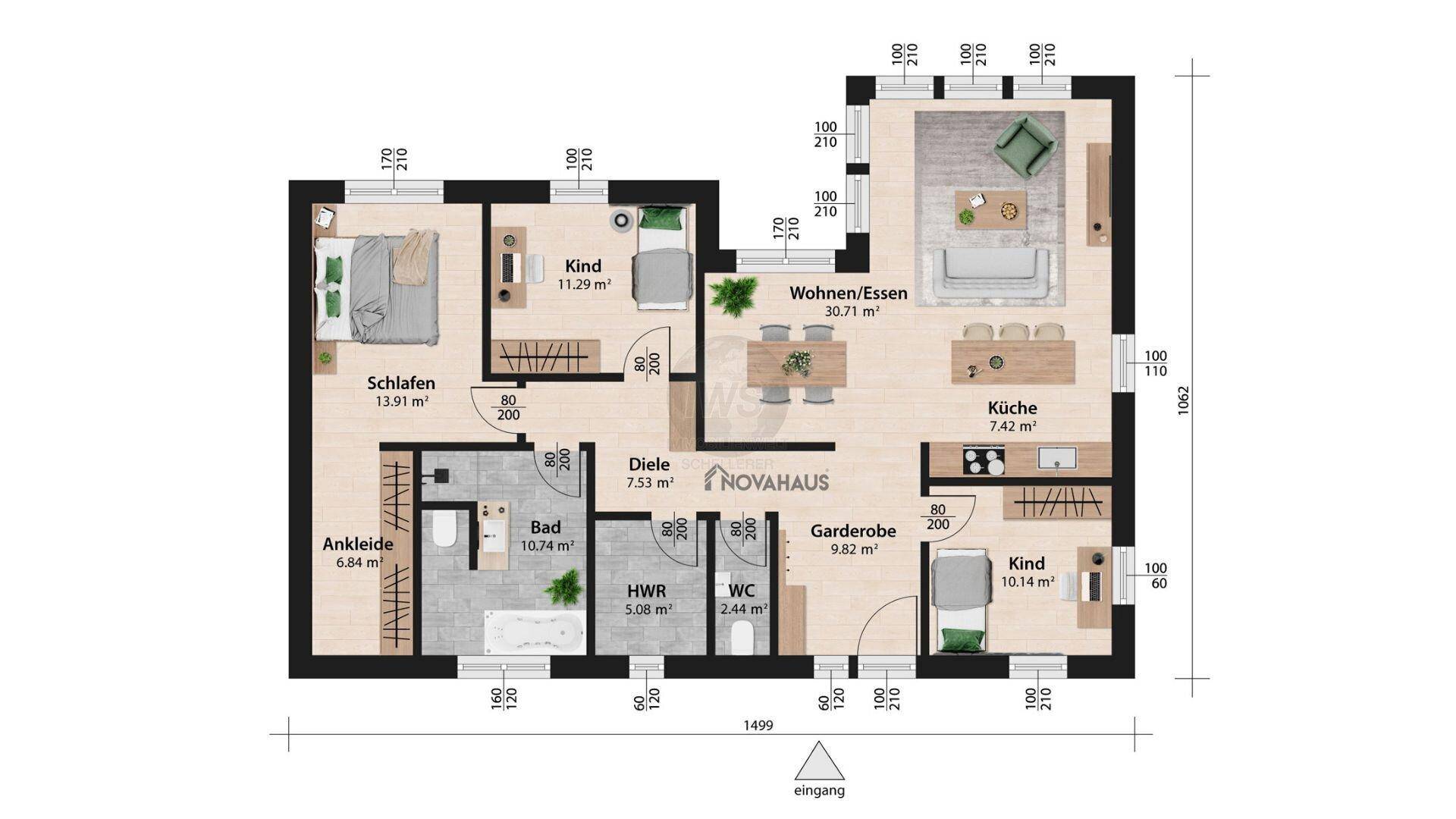 Detaillierter Grundriss mit Raummaßen und funktionaler Aufteilung der Wohnbereiche.