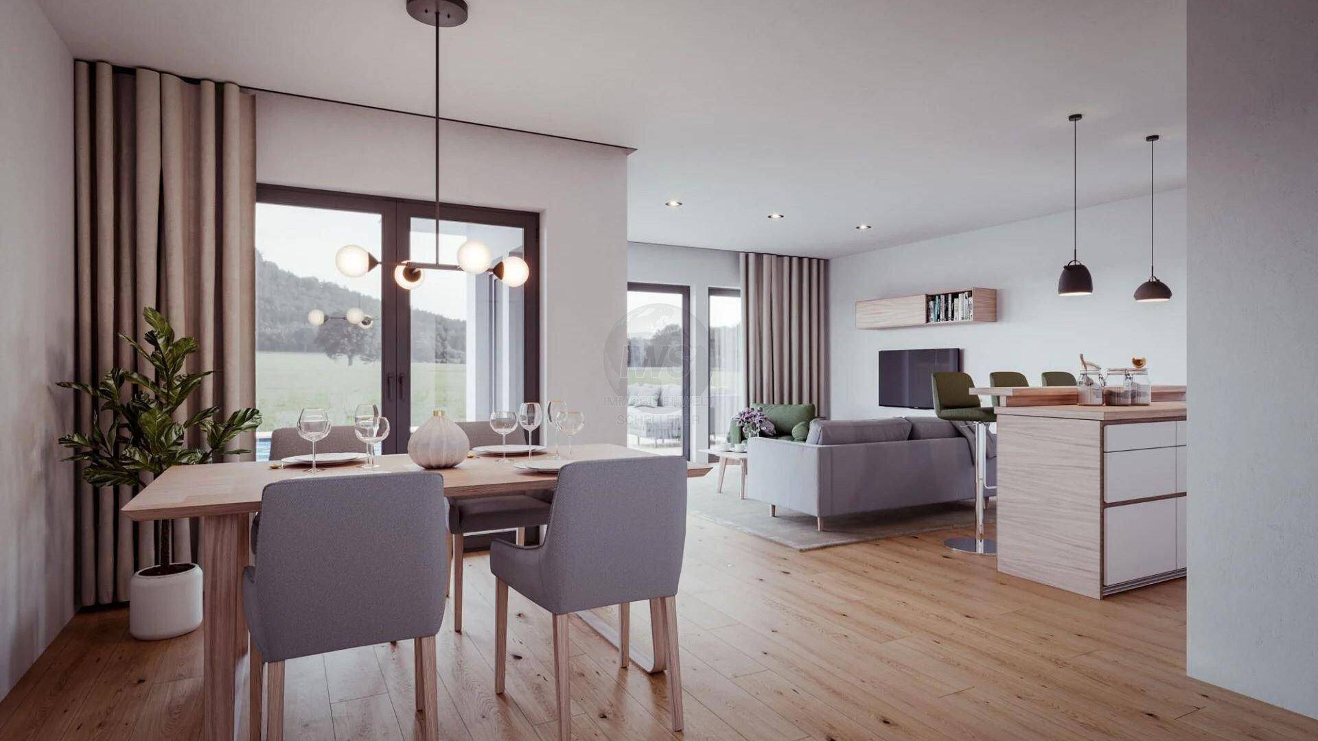 Heller, offener Wohn- und Essbereich mit Holzboden, großen Fenstern und Blick ins Grüne.