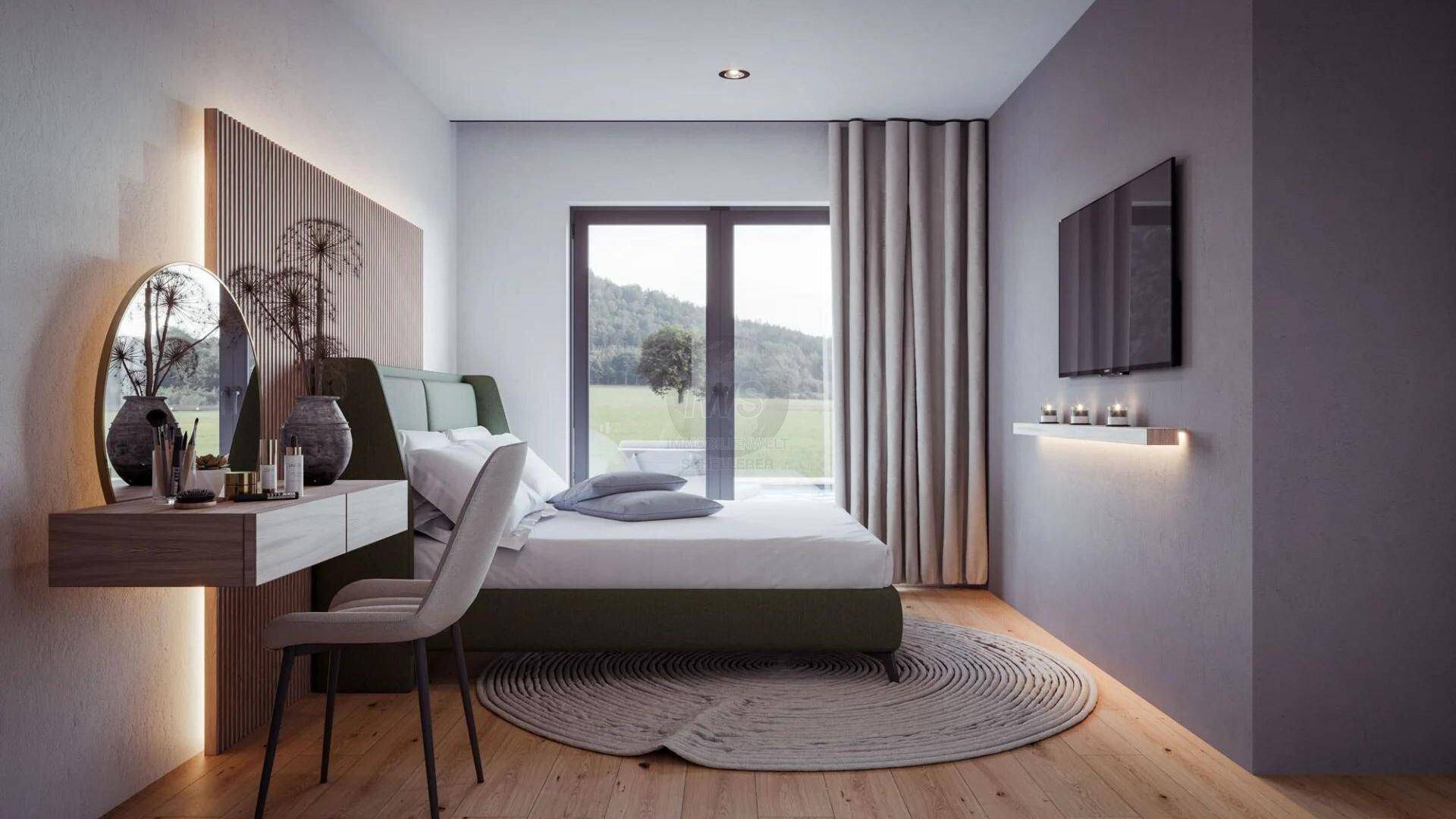 Modernes Schlafzimmer mit Holzboden, großer Fensterfront und Blick in die Natur.