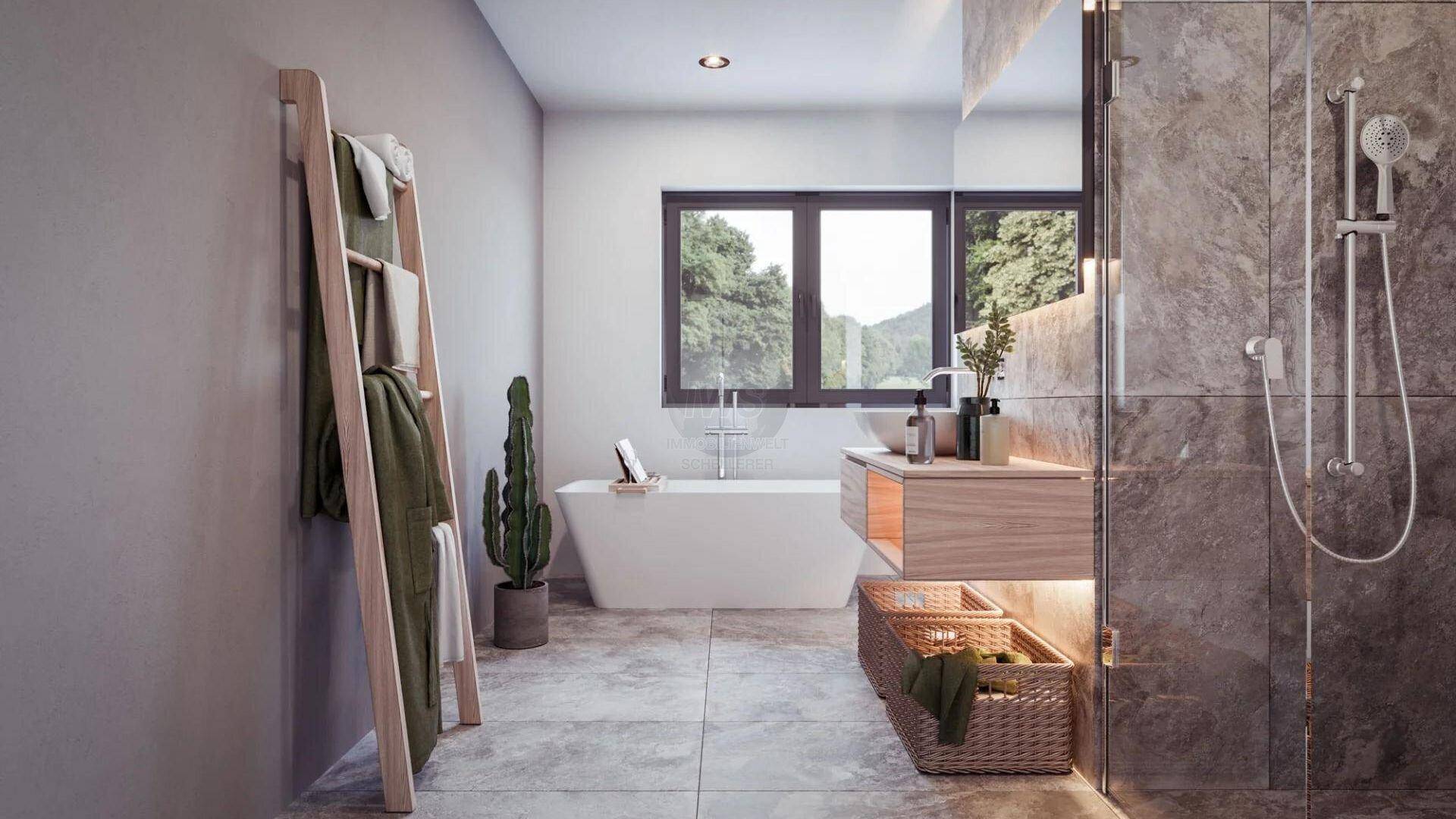 Modernes Badezimmer mit freistehender Badewanne, begehbarer Dusche und Fenster.