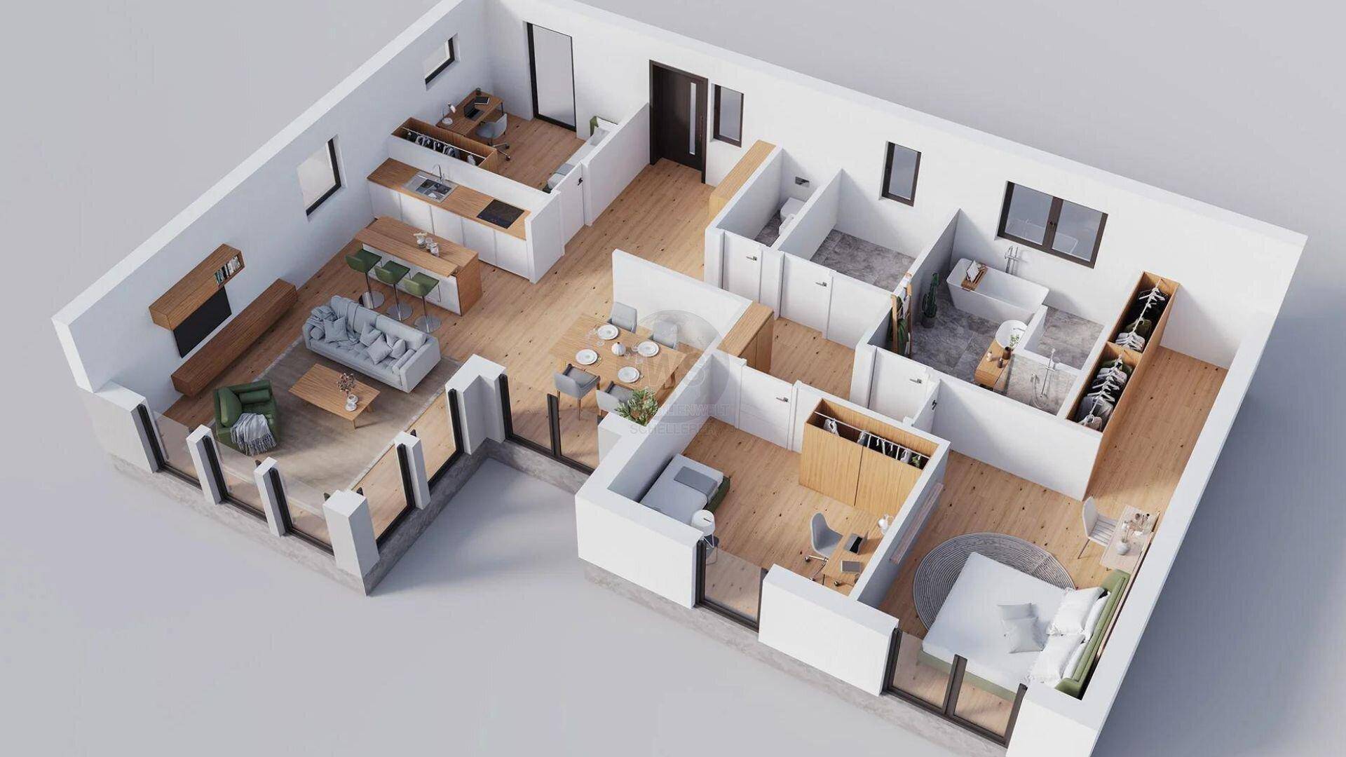 Isometrischer Grundriss zeigt die Raumaufteilung mit offenem Wohn-Essbereich und drei Schlafzimmern.