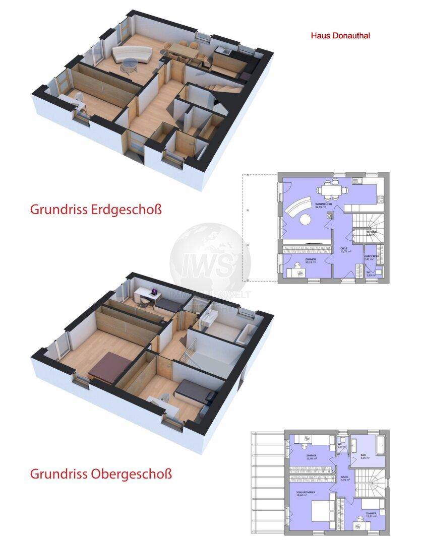 Grundrissdarstellung des Erd- und Obergeschosses mit 3D-Visualisierungen und 2D-Plänen, die eine moderne Raumaufteilung zeigen.