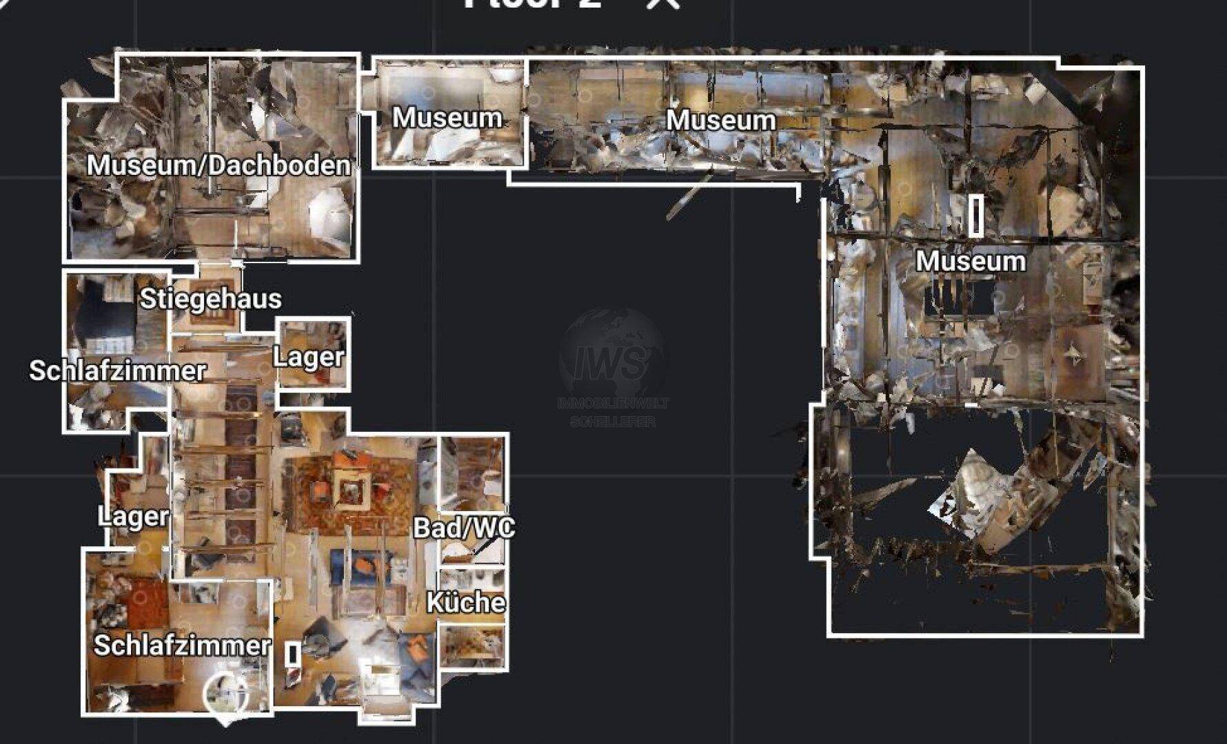 Grundriss des Obergeschosses mit Schlafzimmern, Bad/WC und weiteren Museumsbereichen.