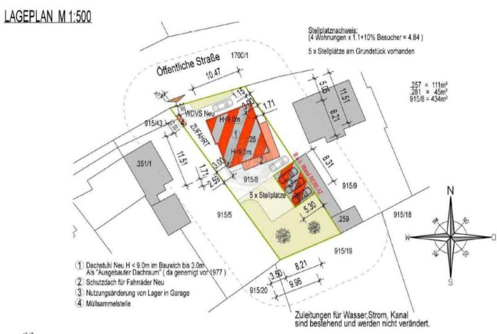 Lageplan des Grundstücks mit Gebäuden, Zufahrt und Stellplätzen.