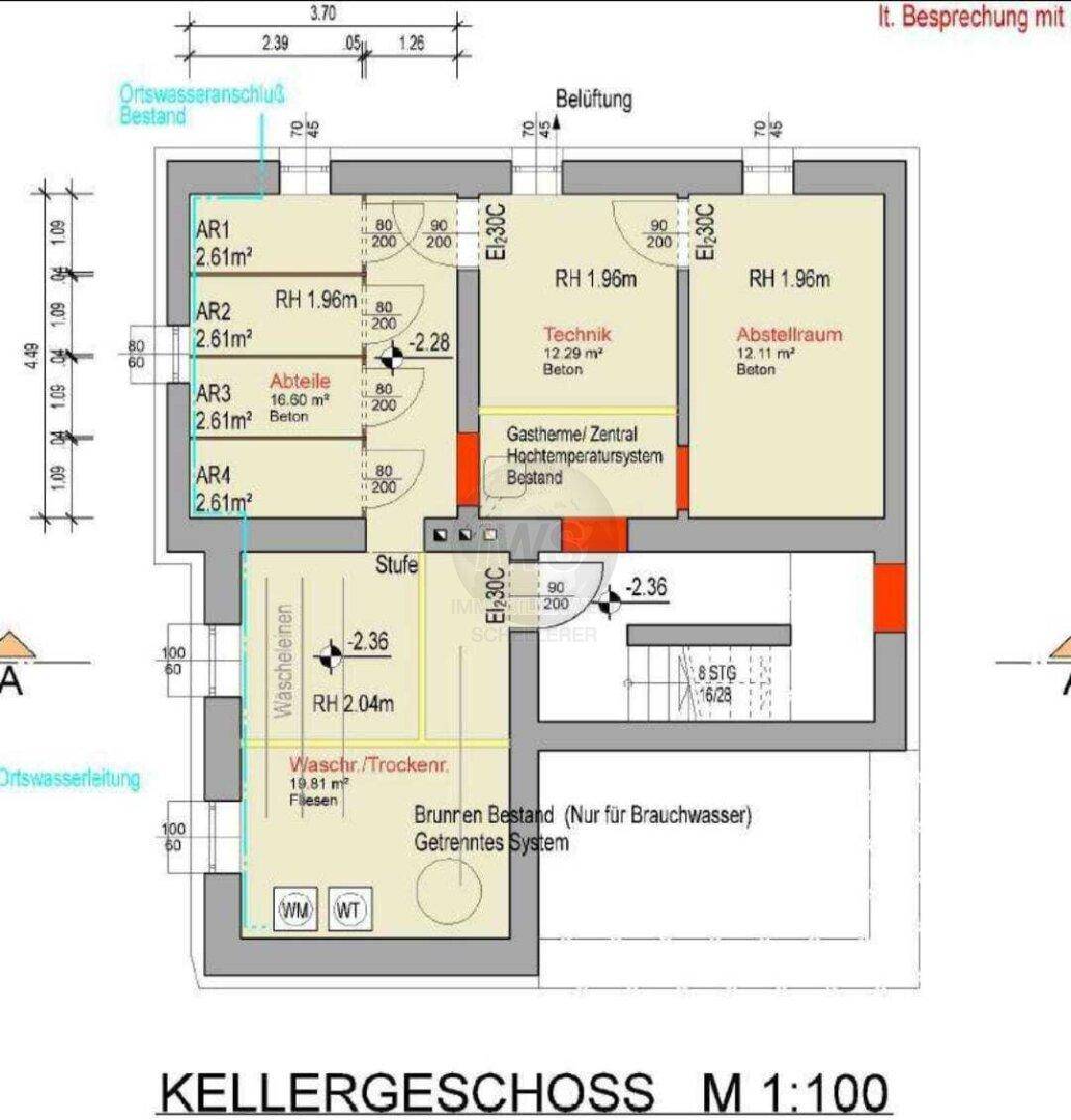 Grundriss des Kellergeschosses mit Technikraum, Abstellräumen und Waschküche.