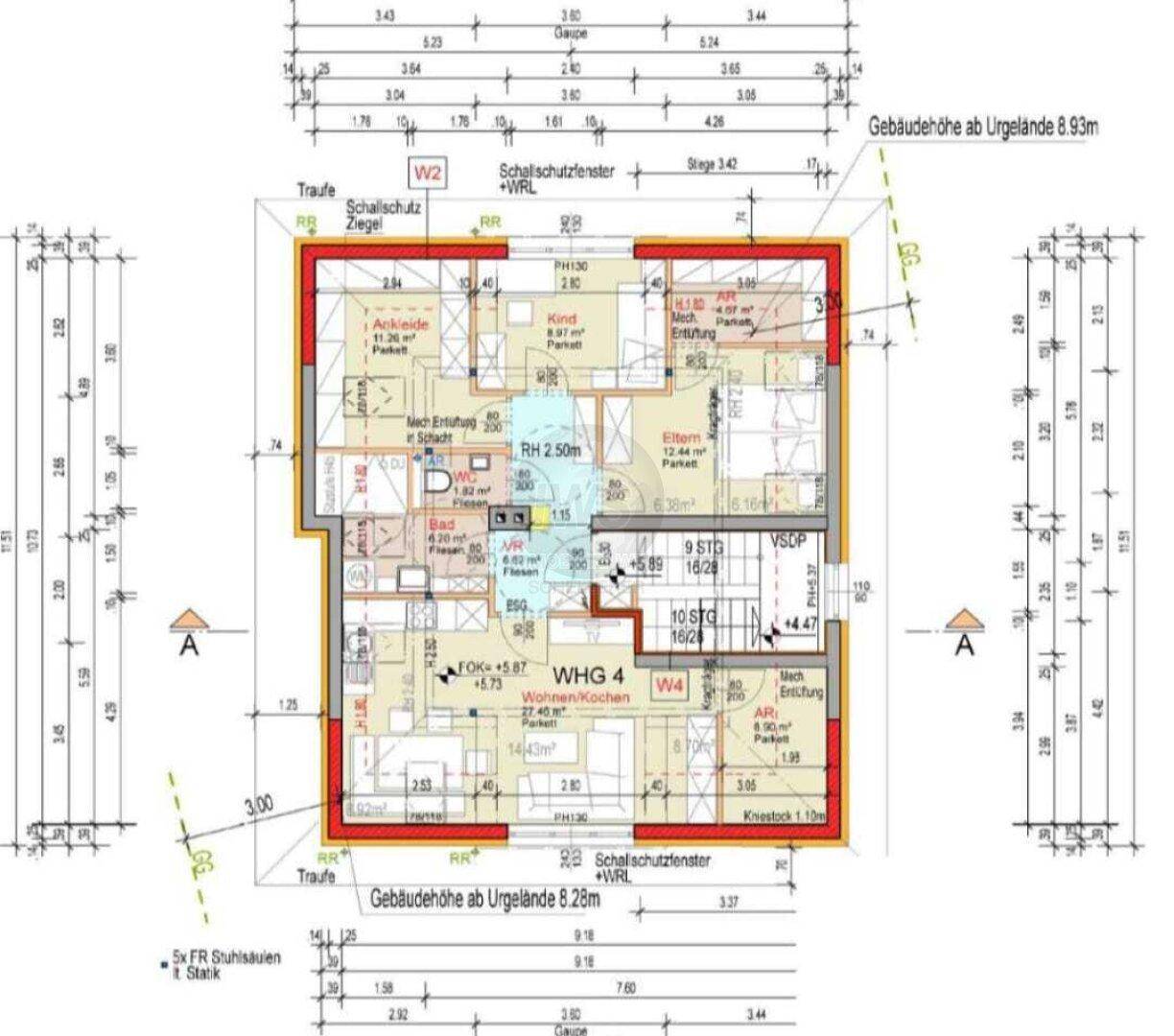 Grundriss der Dachgeschosswohnung mit Schlafzimmern, Bad und offenem Wohnbereich.