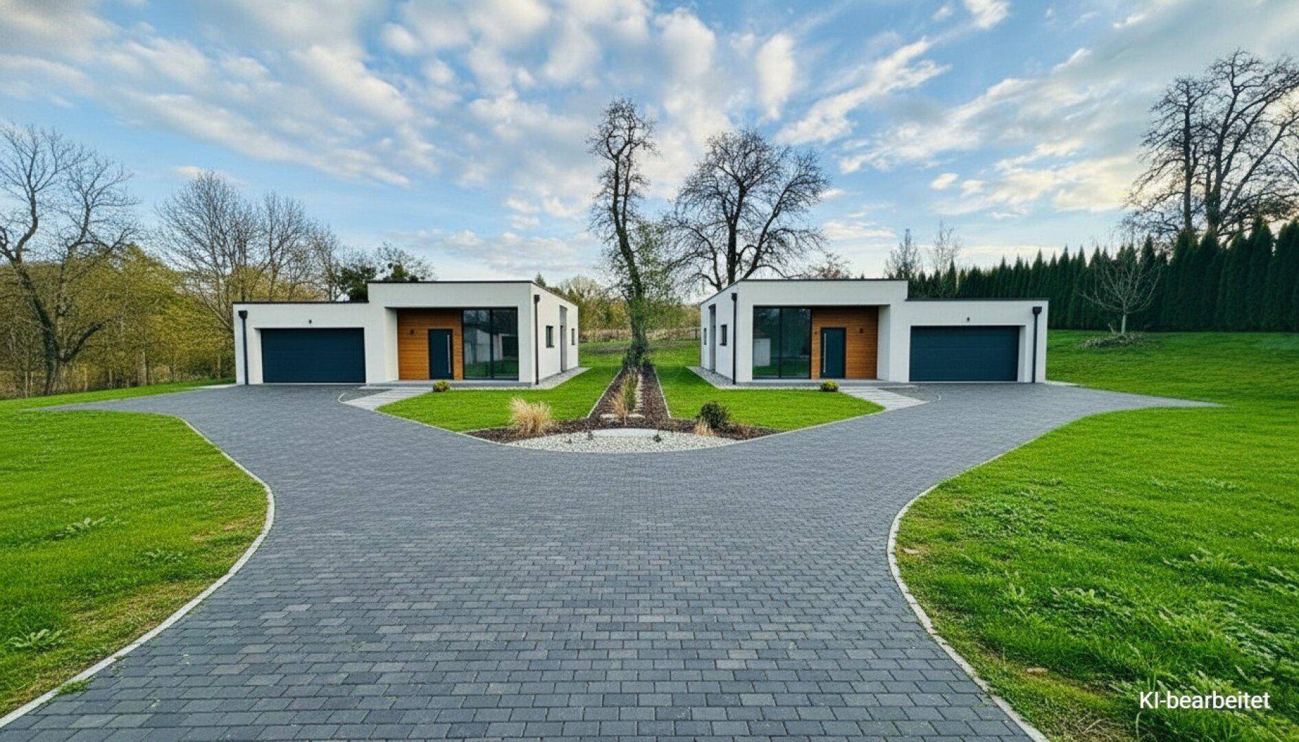 Zwei identische moderne Häuser mit separaten Zufahrten und gepflegtem Rasen in ländlicher Umgebung.