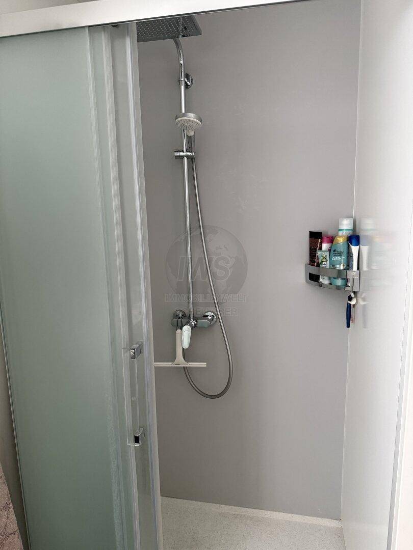 Duschbereich im Badezimmer mit moderner Duschkabine und Regendusche.
