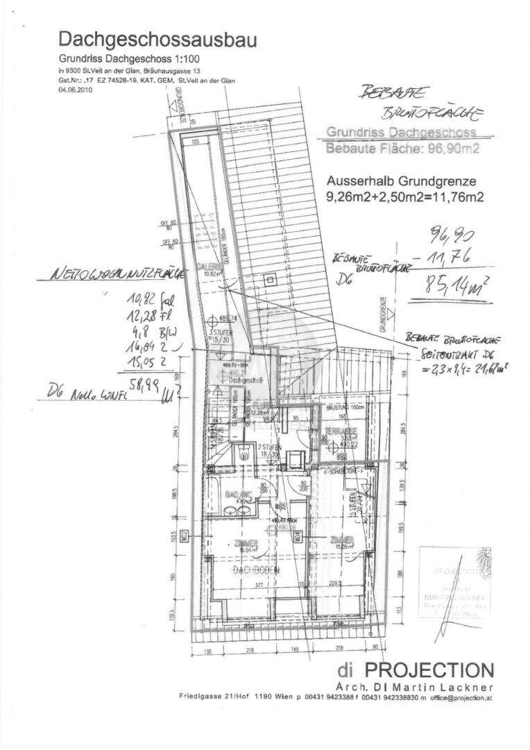 Grundriss für den Dachgeschossausbau mit Raumaufteilung und Maßen.