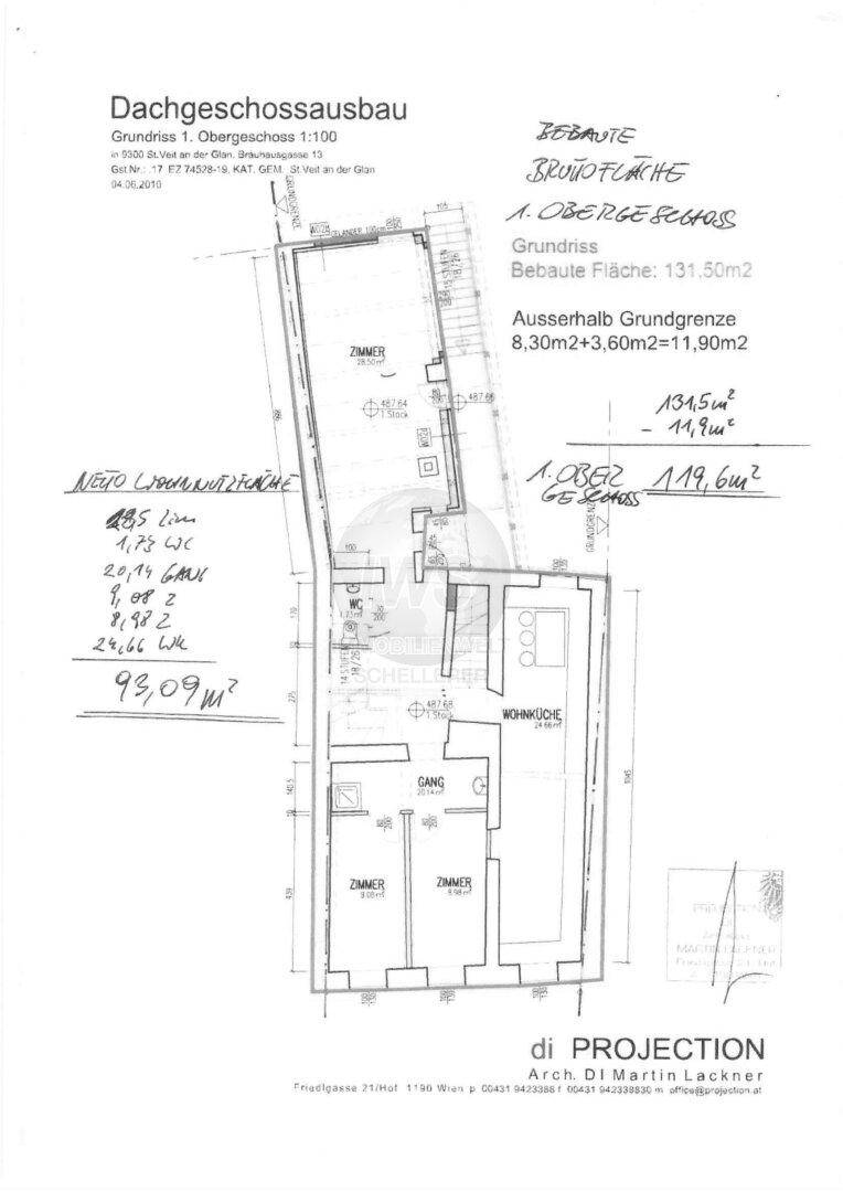 Grundriss des Obergeschosses mit Zimmern, Wohnküche und Gang.