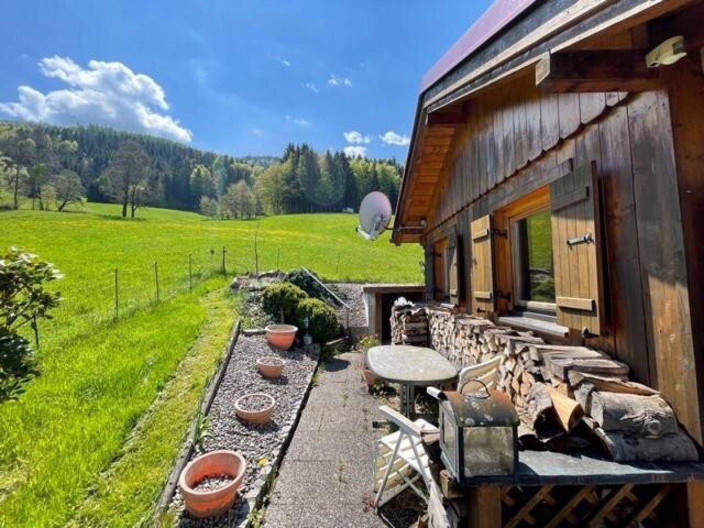 Gemütliche Terrasse am Holzhaus mit gestapeltem Brennholz und Blick auf die grüne Umgebung.