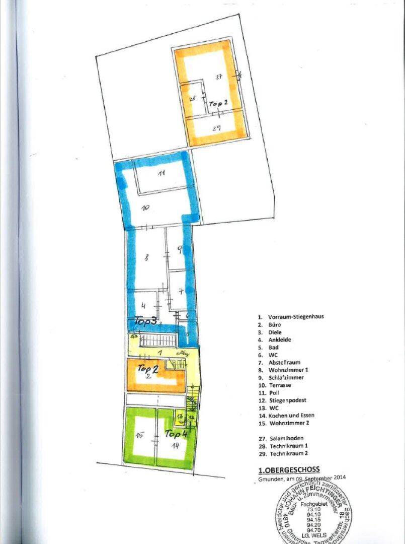 Grundriss des Obergeschosses mit Wohnzimmer, Schlafzimmern und einer Terrasse.