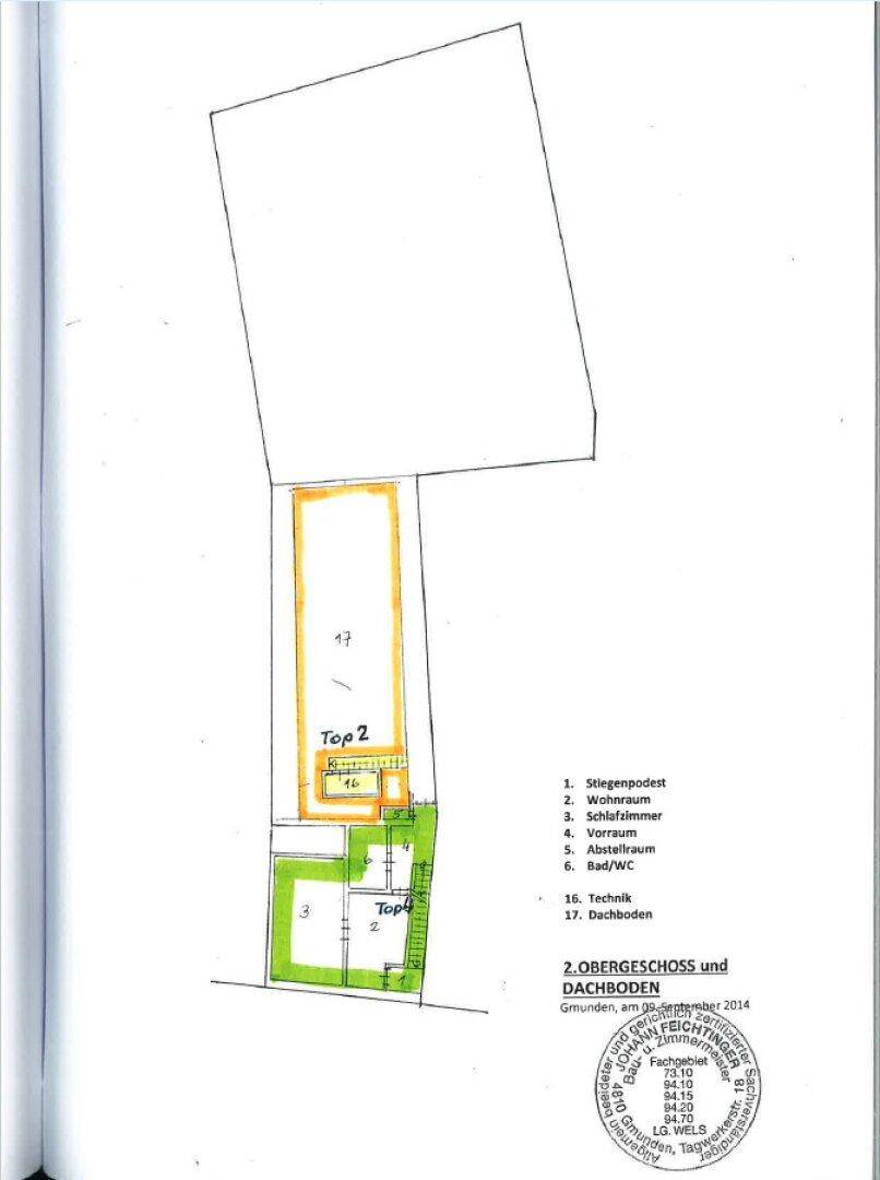 Grundriss des 2. Obergeschosses und Dachbodens mit Wohnraum und Technikbereich.