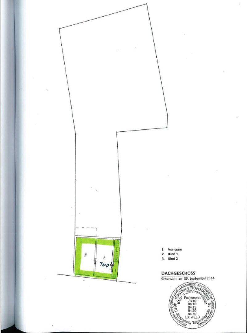Grundriss des Dachgeschosses mit Vorraum und zwei Kinderzimmern.