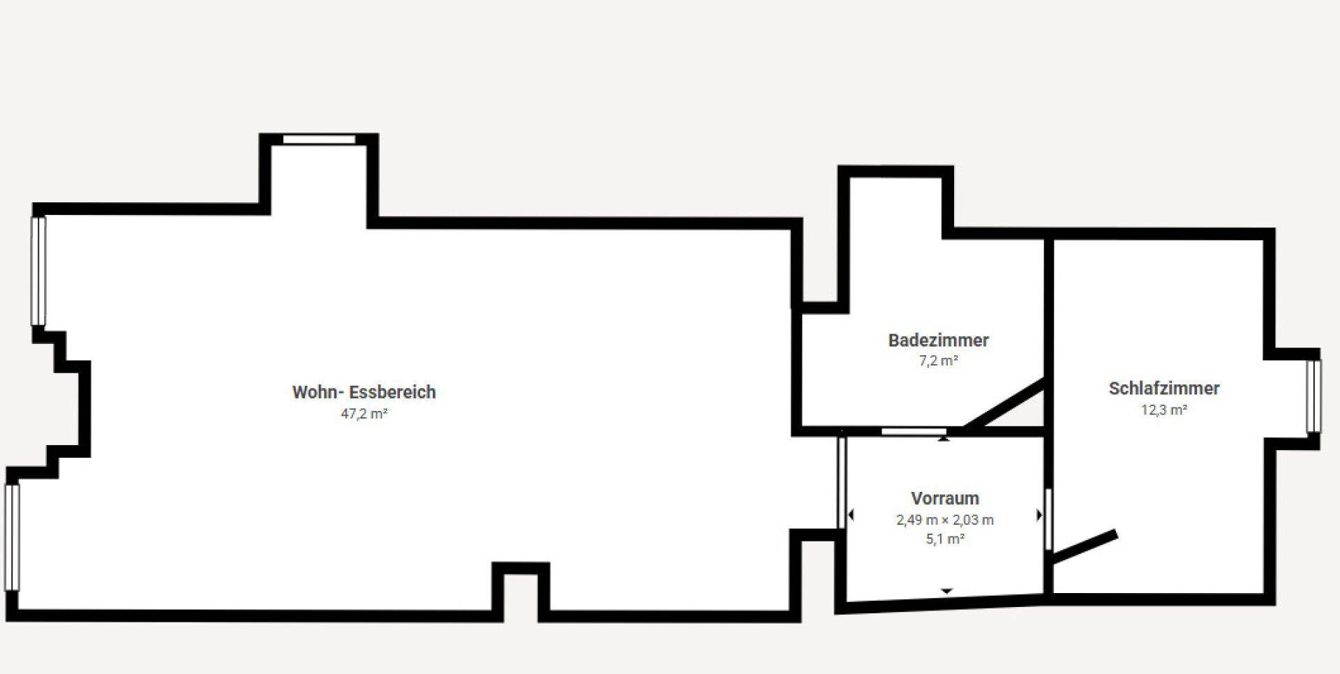 Grundriss einer Wohnung mit offenem Wohn-Essbereich, Schlafzimmer und Badezimmer.