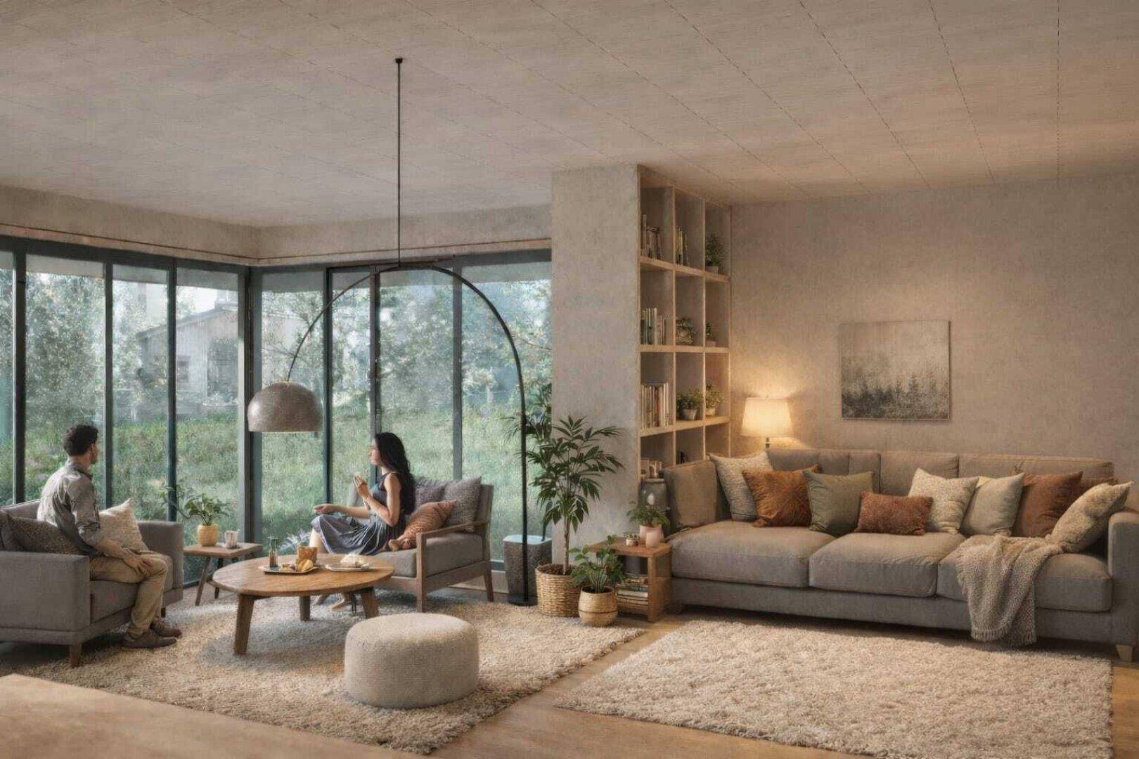 Gemütliches Wohnzimmer mit großen Fenstern, bequemen Sofas und Bücherregal.