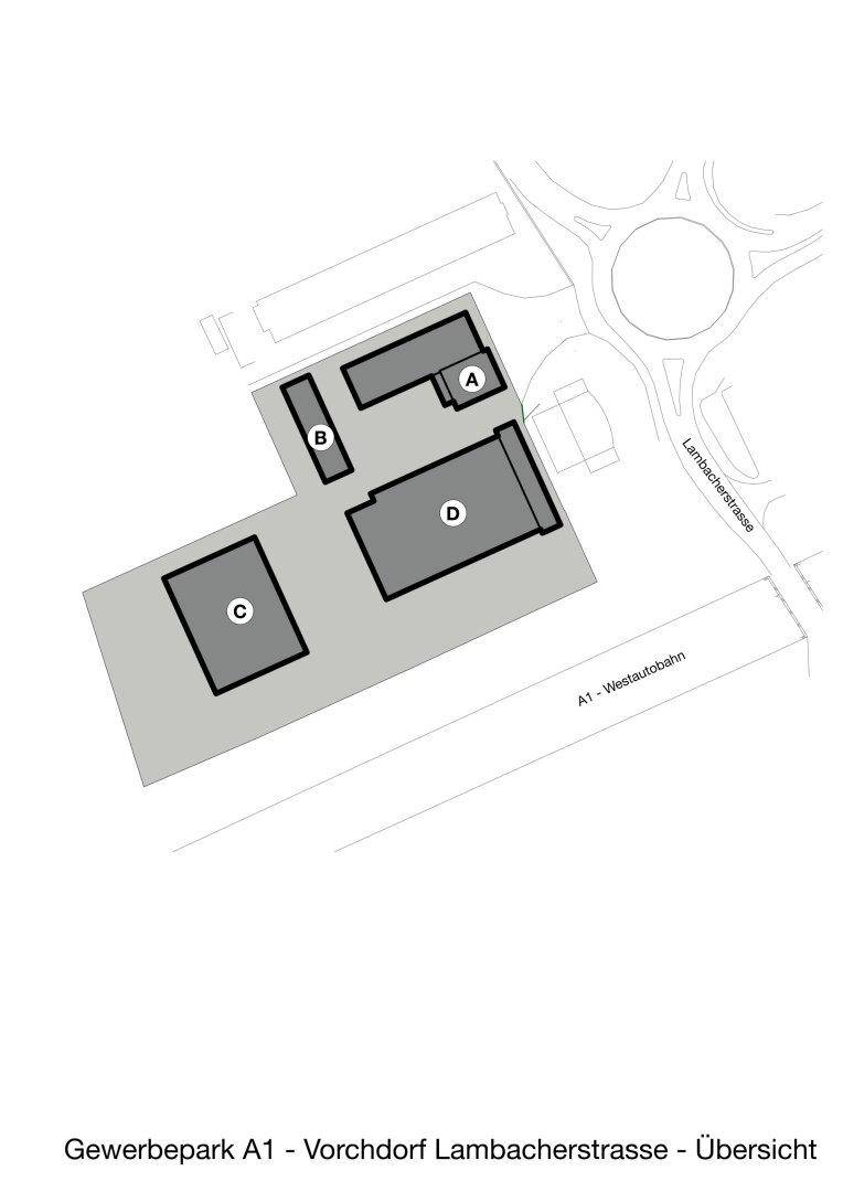 Übersichtsplan des Gewerbeparks A1 mit der Anordnung der Gebäude und Zufahrtsstraßen.