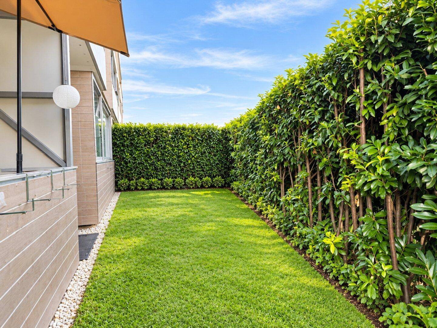 Gepflegter Gartenbereich mit Rasenfläche und hohen Hecken, ideal zum Entspannen im Freien.