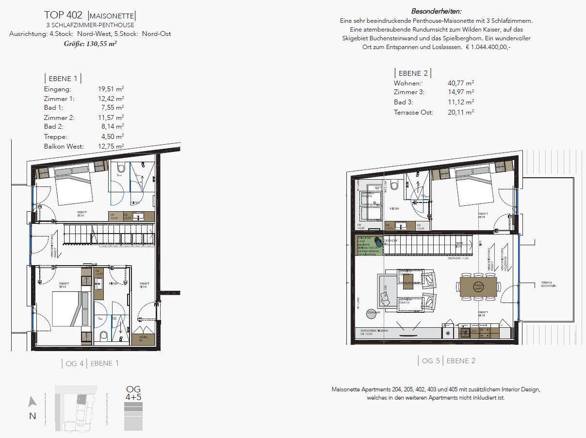 Grundriss einer Maisonette-Wohnung mit drei Schlafzimmern, Balkon und großer Terrasse.