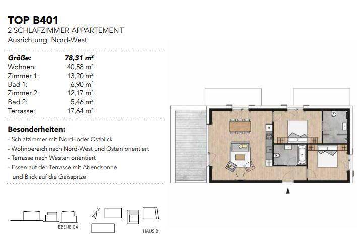 Grundriss einer 78,31 m² großen Wohnung mit zwei Schlafzimmern und Terrasse.
