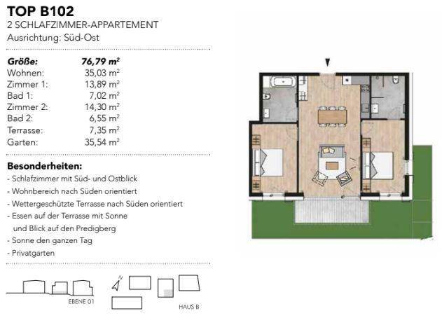 Grundriss einer 2-Zimmer-Wohnung mit Süd-Ost-Ausrichtung, Terrasse und Gartenanteil.