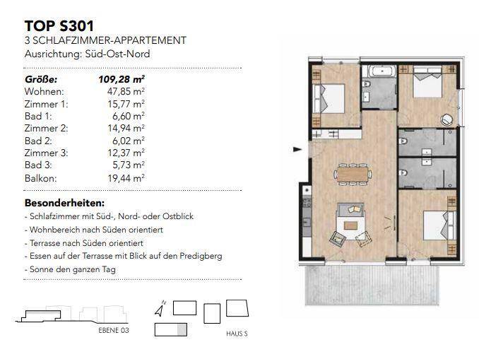 Grundriss einer 3-Zimmer-Wohnung mit drei Bädern und einem Balkon von 19,44 m².