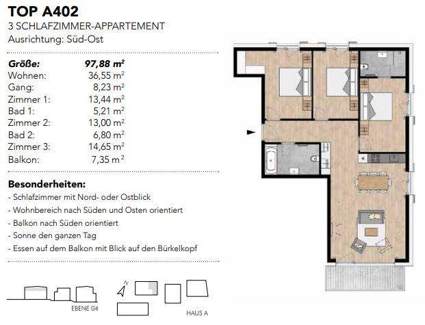 Grundriss eines 3-Schlafzimmer-Appartements mit Balkon und Süd-Ost-Ausrichtung.