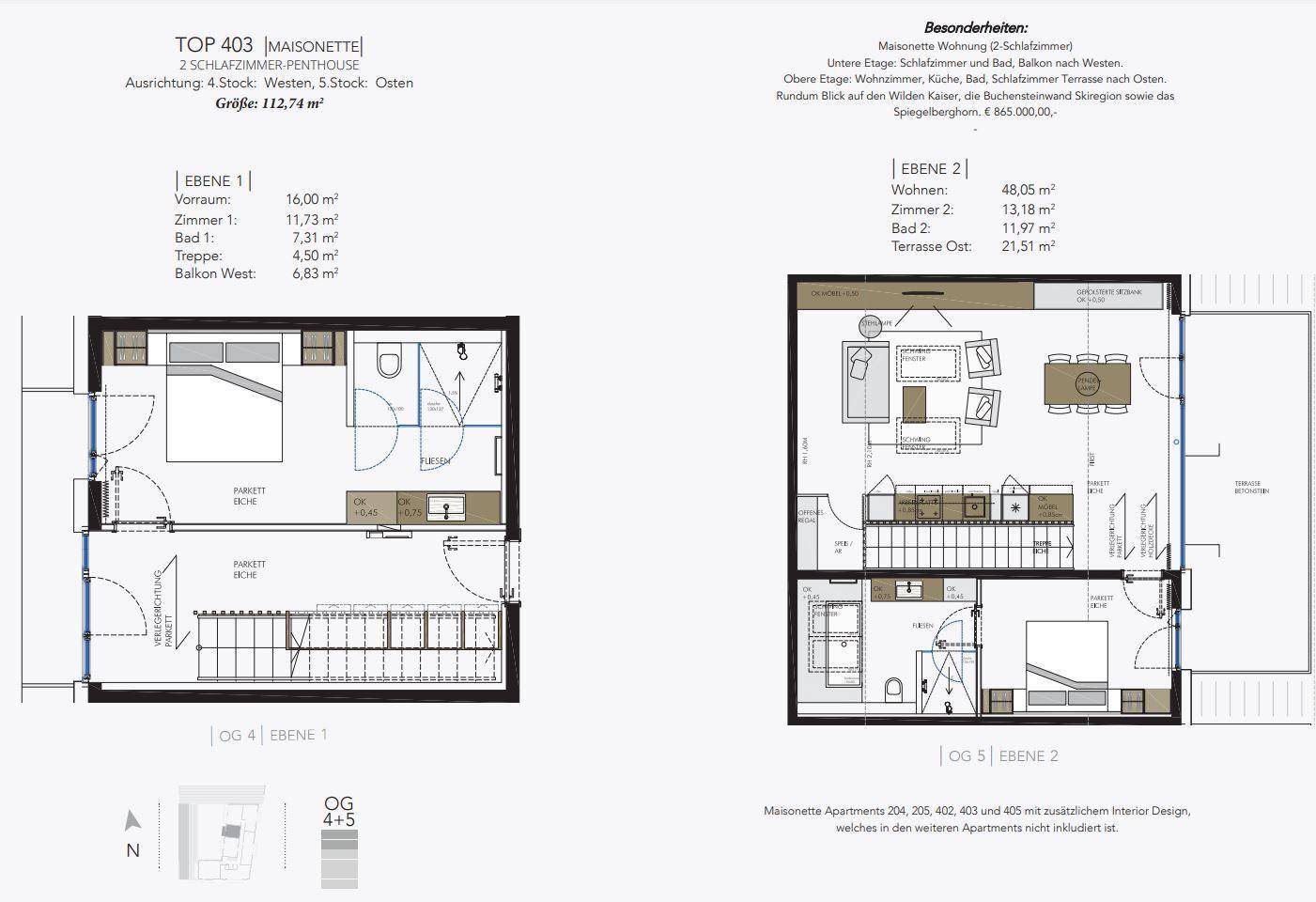 Grundriss einer Maisonette-Penthouse-Wohnung mit zwei Ebenen und Terrasse.