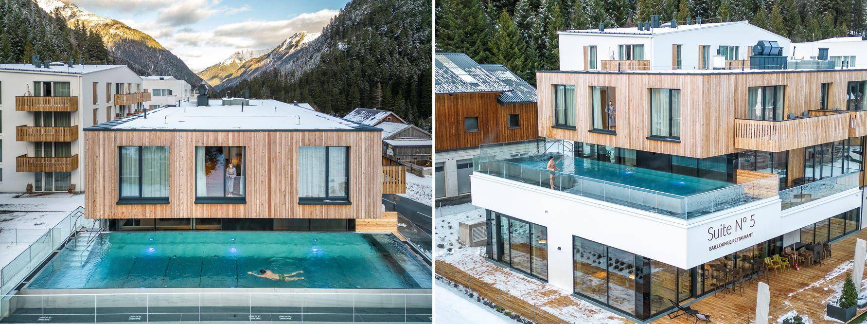 Modernes Gebäude mit Holzfassade und einem beeindruckenden Infinity-Pool im Freien mit Bergblick.