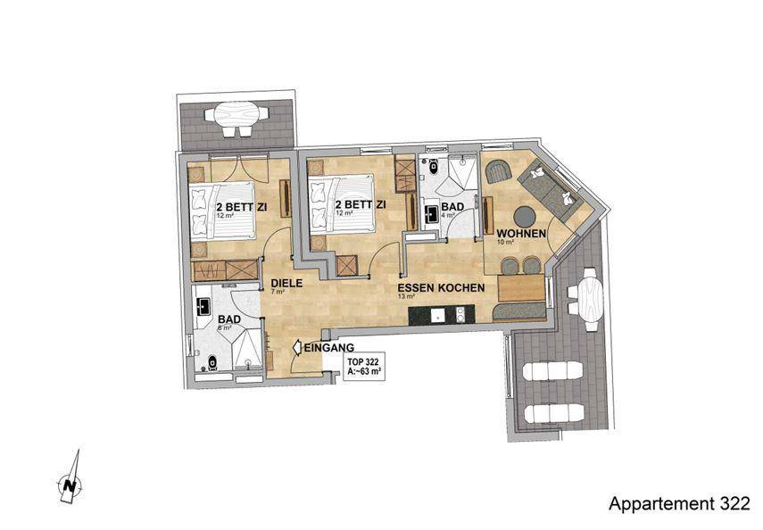 Grundriss der Wohnung 322 mit zwei Schlafzimmern, zwei Bädern und offenem Wohn-Essbereich.