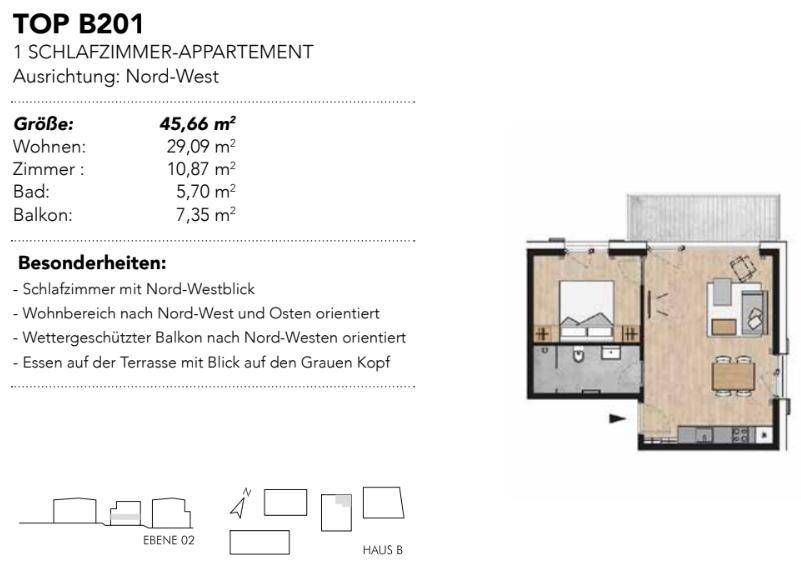 Grundriss einer 1-Zimmer-Wohnung mit Nord-West-Ausrichtung und Balkon.