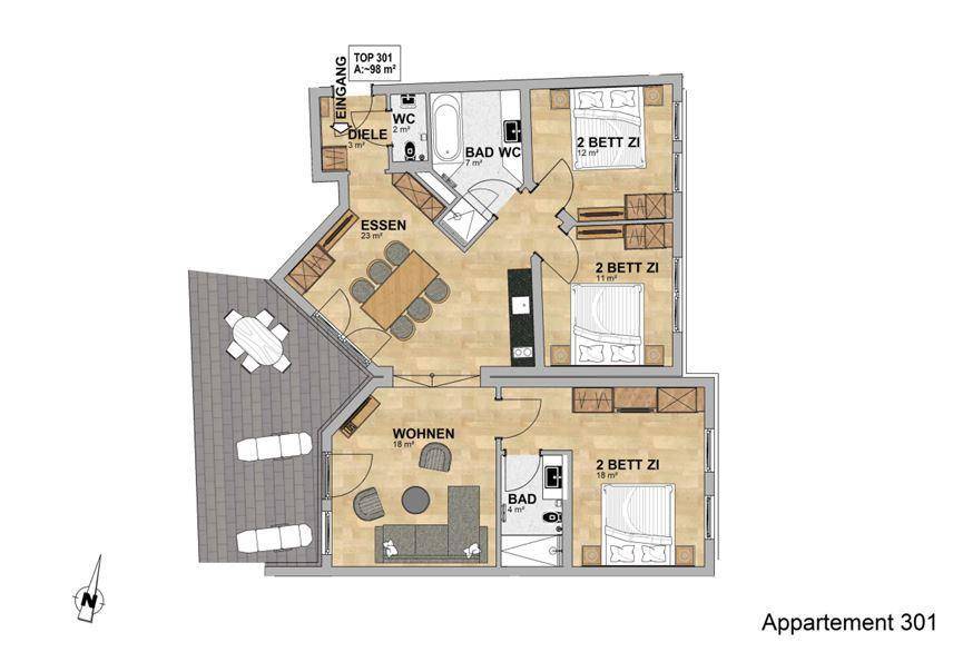 Grundriss der Wohnung 301 mit drei Schlafzimmern, zwei Bädern und einer großen Terrasse.