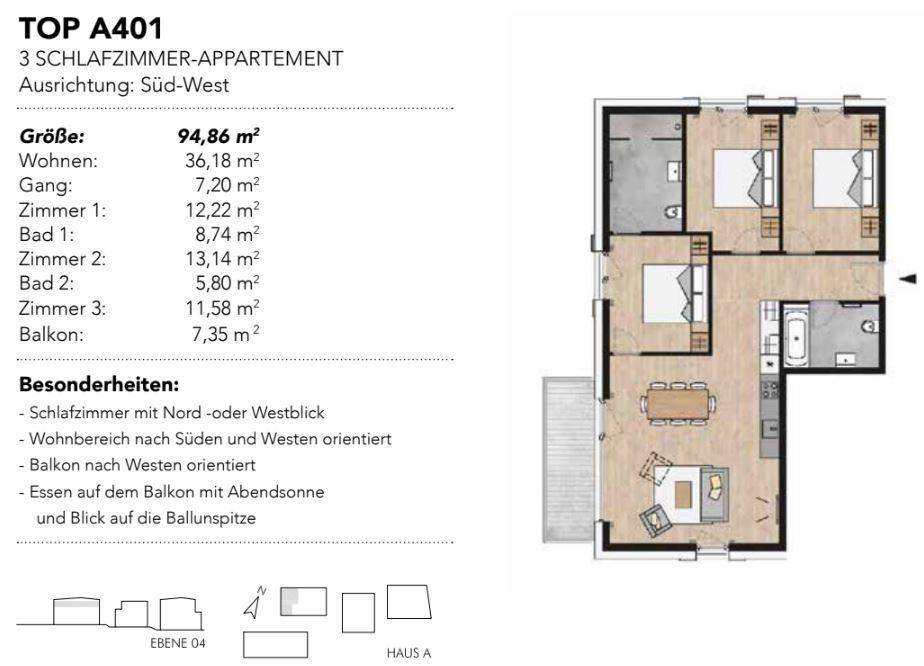 Grundriss einer 3-Zimmer-Wohnung mit offenem Wohnbereich, zwei Bädern und Balkon.