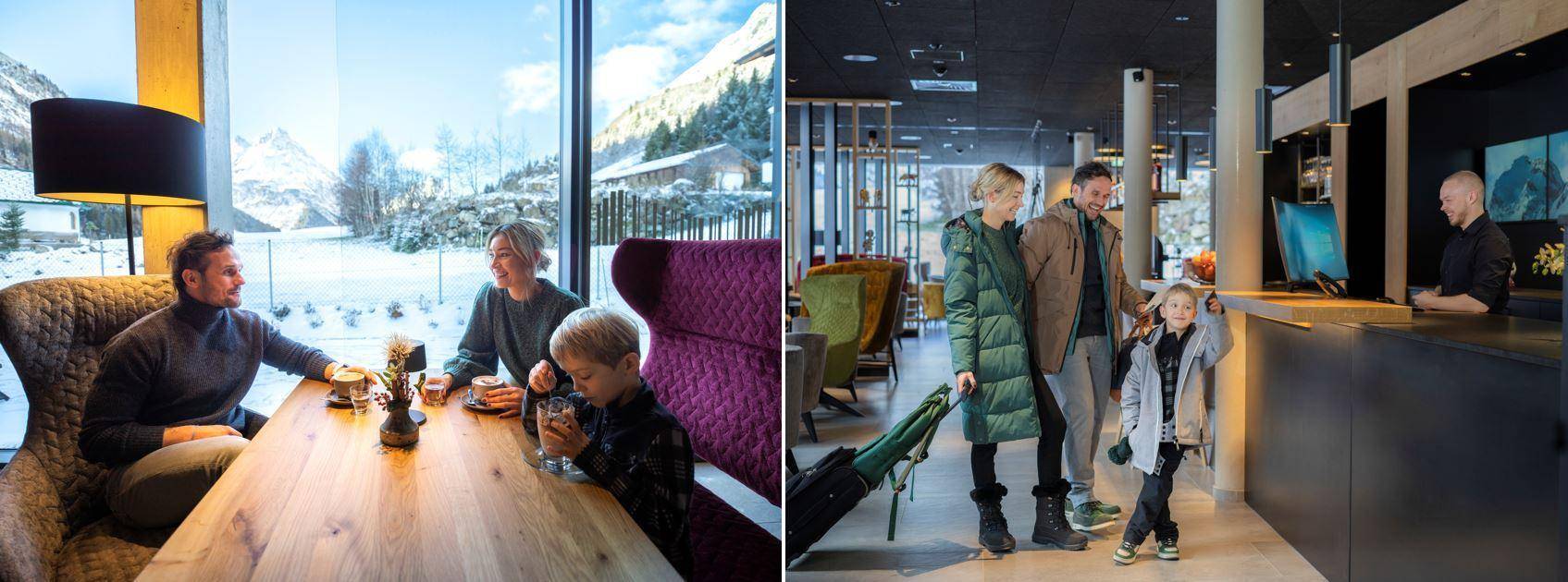 Gemütlicher Essbereich mit Bergblick und eine moderne Rezeption mit freundlichem Personal.