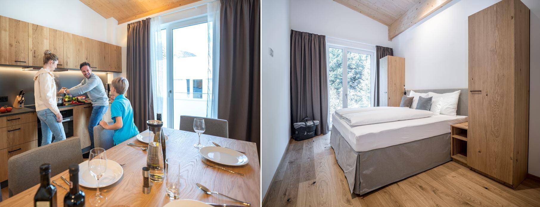Collage aus Küche mit Essbereich und einem Schlafzimmer mit Holzboden und Schrank.