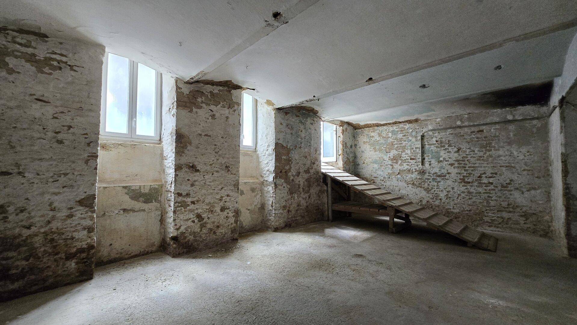 Geräumiger Kellerraum im Rohzustand mit unverputzten Wänden, Betonboden und Tageslicht durch Fenster.