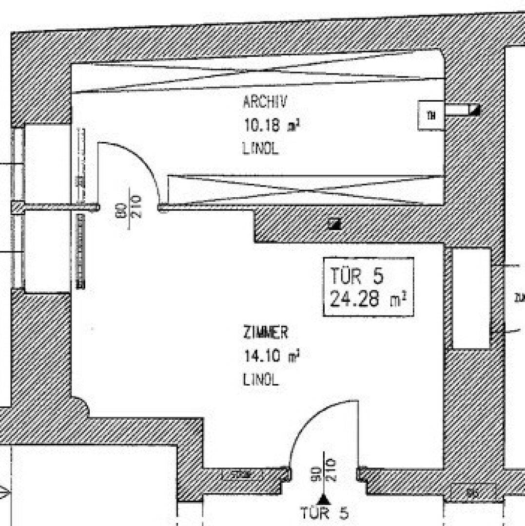 Grundriss eines Teils der Etage mit Archiv und zwei weiteren Zimmern, Gesamtfläche 24,28 m².