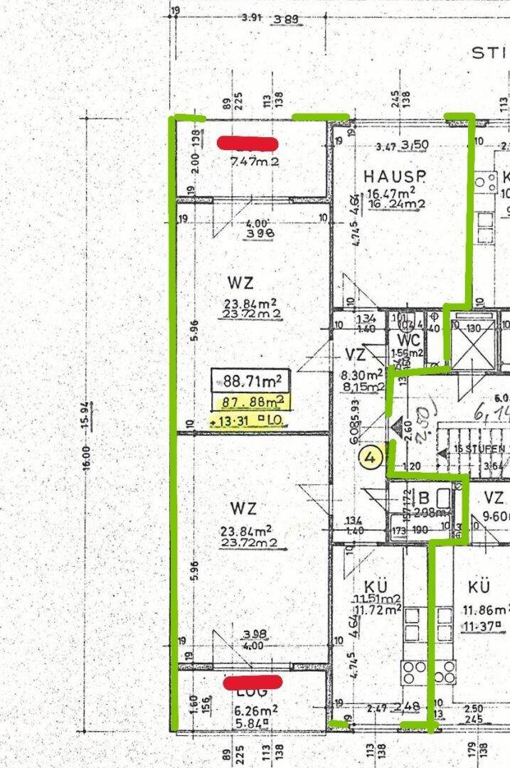 Grundriss einer Wohnung mit mehreren Zimmern, Loggia und WC, Flächenangaben in m².