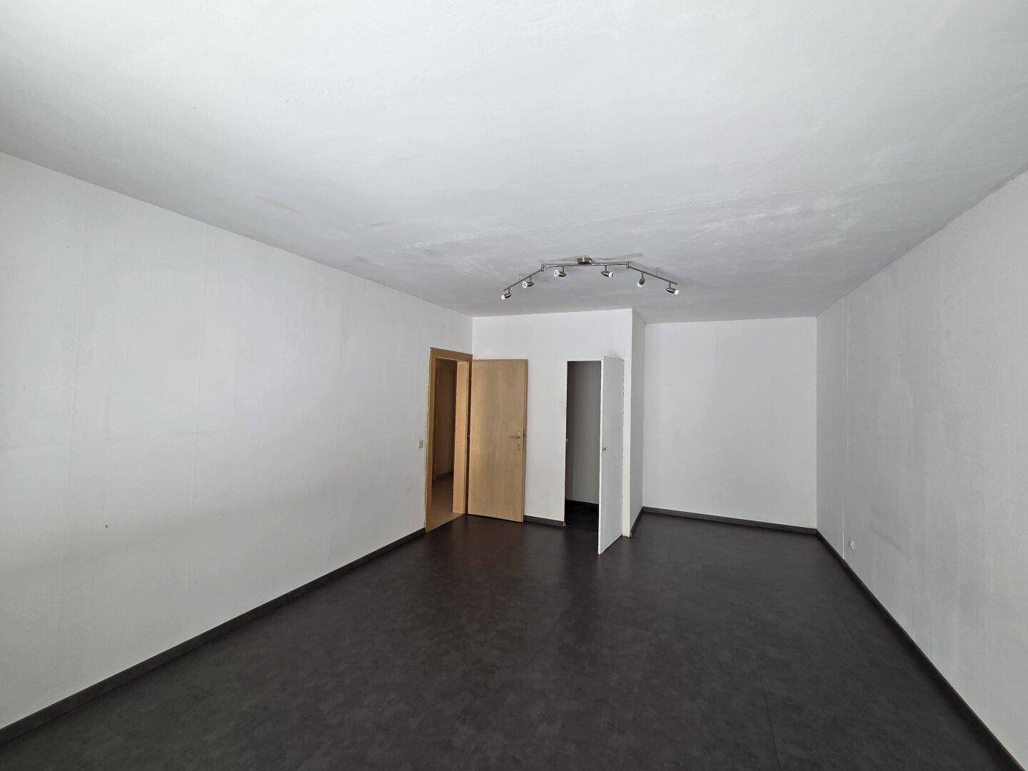 Leeres Wohnzimmer mit dunklem Boden und zwei Holztüren, bereit zur individuellen Gestaltung.