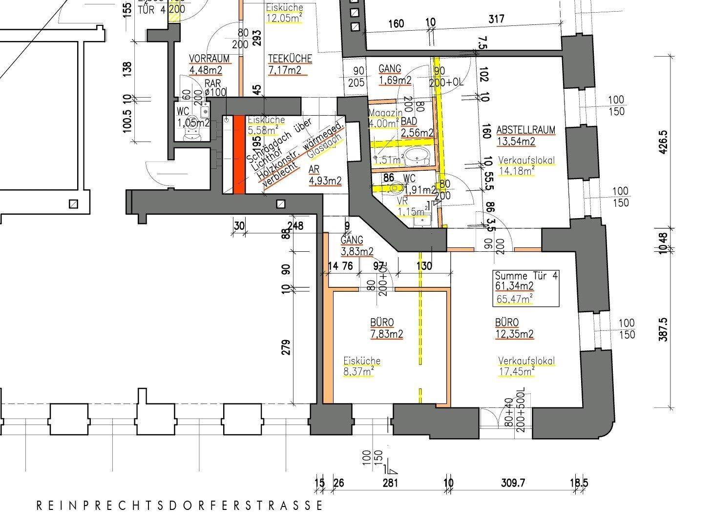 Detaillierter Grundriss mit verschiedenen Büroräumen, WCs und einem Abstellraum.