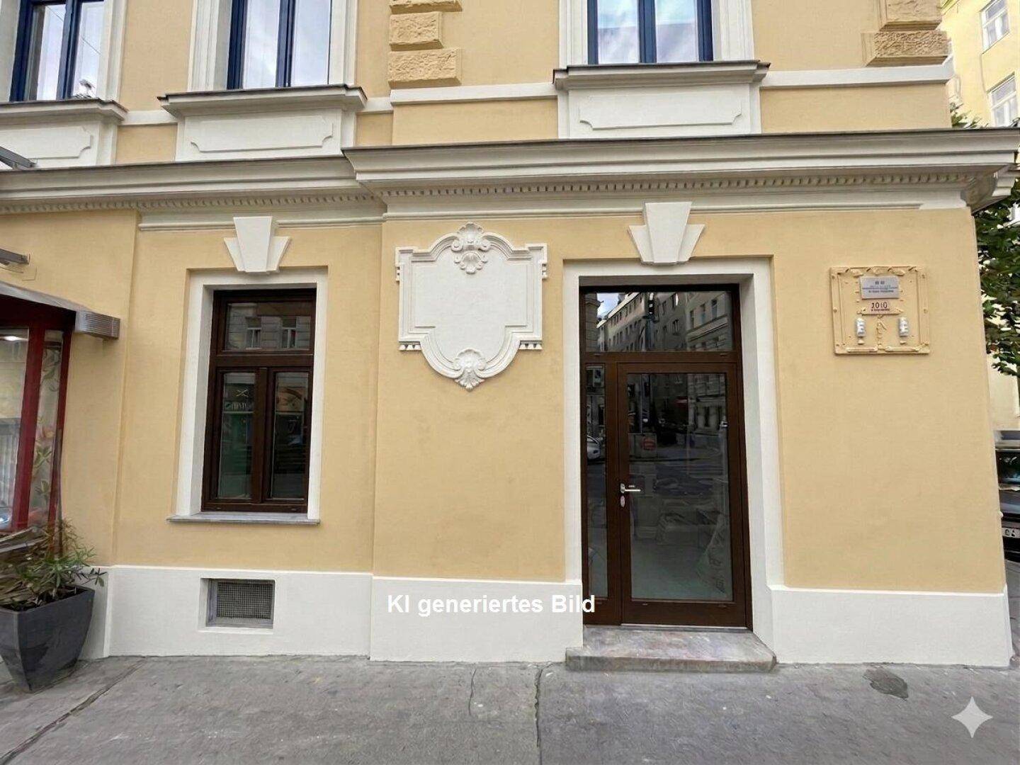 Historische Fassade eines Gebäudes in Gelb mit weißen Stuckelementen und einer braunen Eingangstür.