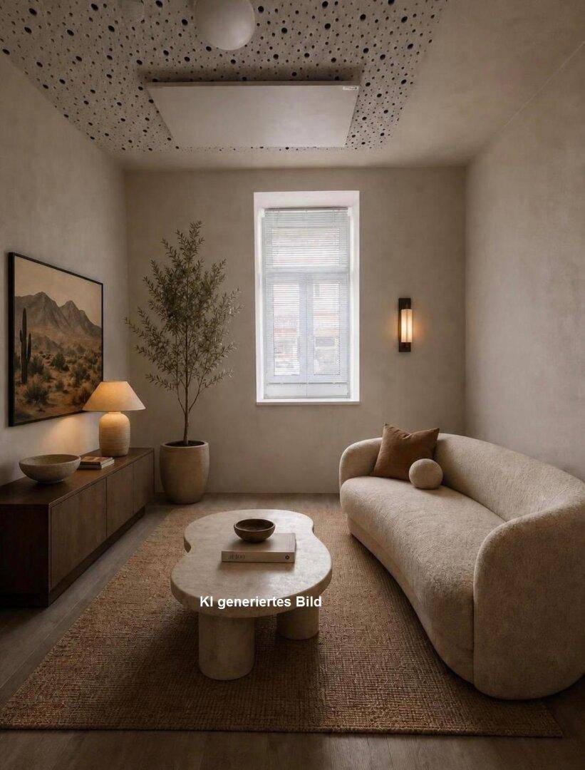 Gemütlicher Wohnbereich mit geschwungenem Sofa, modernem Couchtisch und einem Fenster mit Blick nach draußen.