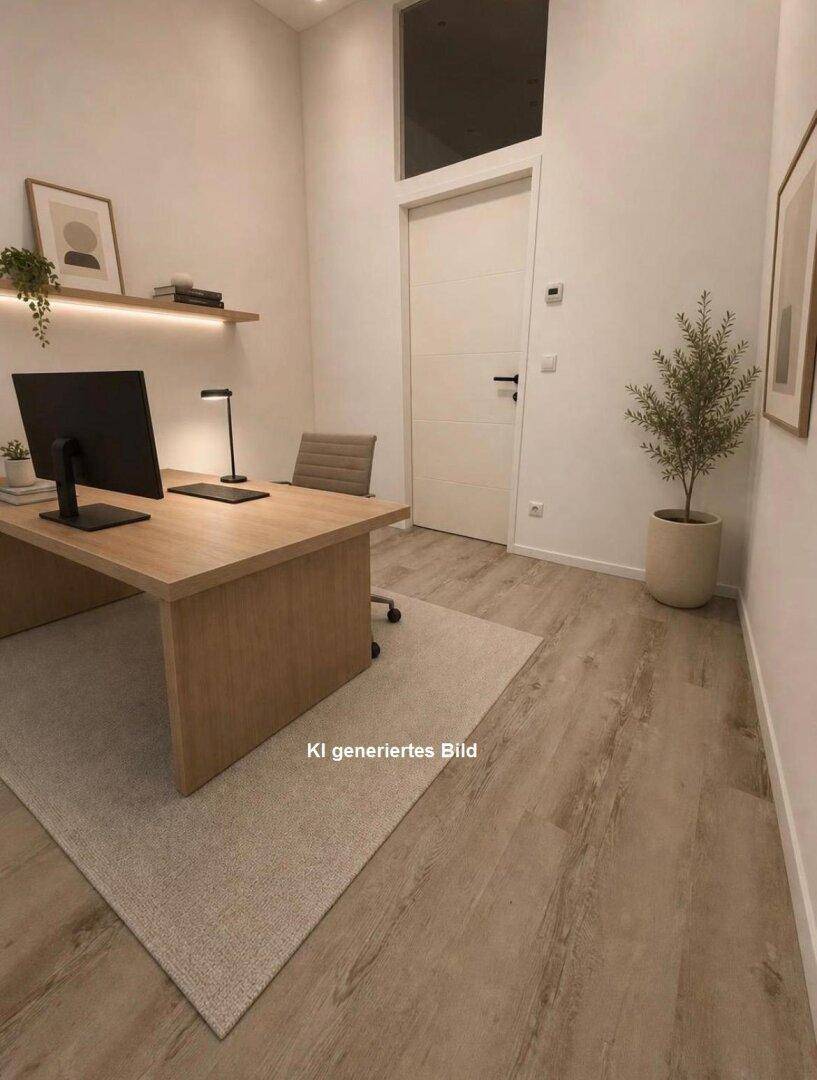 Helles Büro mit modernem Holzschreibtisch, schwebendem Regal und einer hohen Tür für viel Tageslicht.
