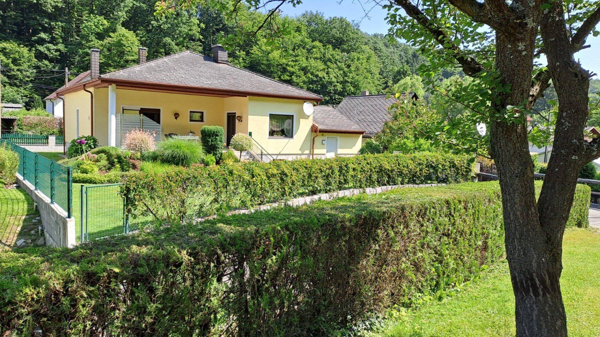Charmantes Einfamilienhaus mit gepflegtem Garten und grüner Umgebung unter blauem Himmel.