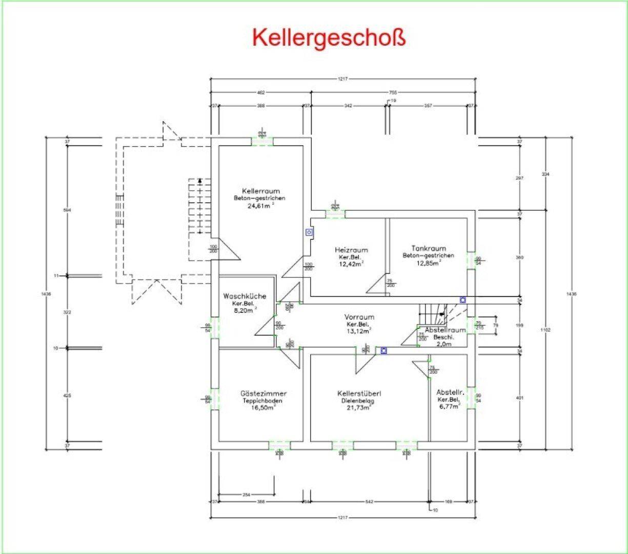 Grundriss des Kellergeschosses mit Kellerräumen, Heizraum, Waschküche und Gästezimmer.