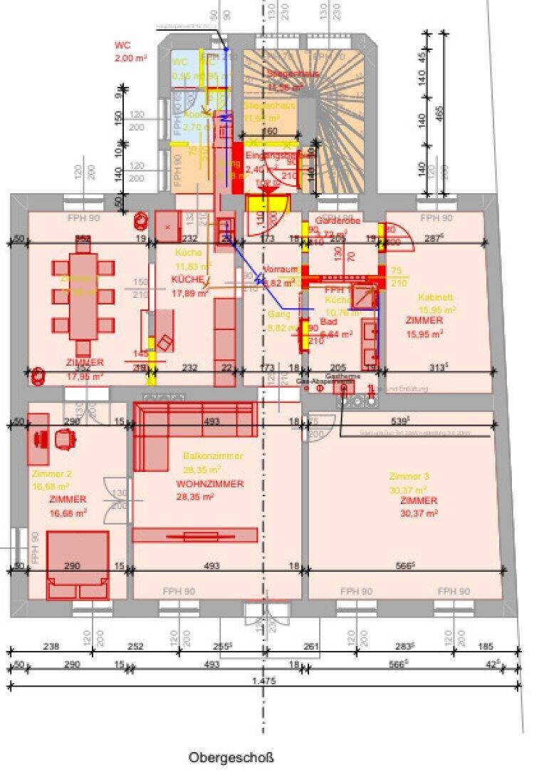 Grundriss des Obergeschosses mit Wohnzimmer, Küche, drei Zimmern und Balkon.